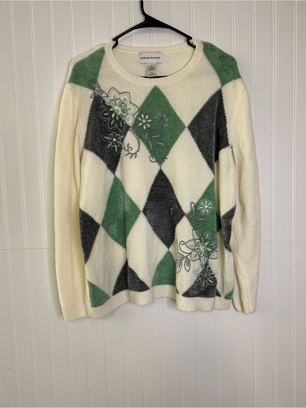 Alfred Dunner Cream, Green & Gray Argyle Floral Sweater Size XL